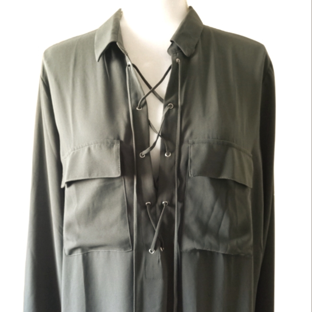 JUST FAB Olive Lace-Up Front Blouse ~ XL